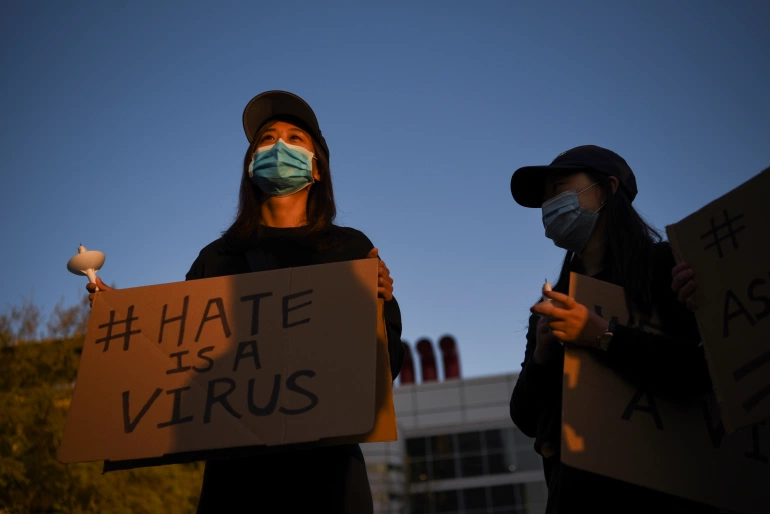 People protesting after the deadly shootings in Georgia and against violence targeting Asian Americans, in Houston, Texas, US [File: Callaghan O’Hare/Reuters]