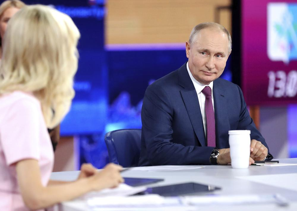 Russian President Vladimir Putin attends his annual live call-in show in Moscow, Russia, Wednesday, June 30, 2021.  Photo: AP 