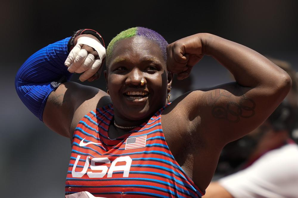 Raven Saunders, of United States, reacts during the woman's shot put final at the 2020 Summer Olympics, Sunday, Aug. 1, 2021, in Tokyo. (AP Photo/Martin Meissner)
