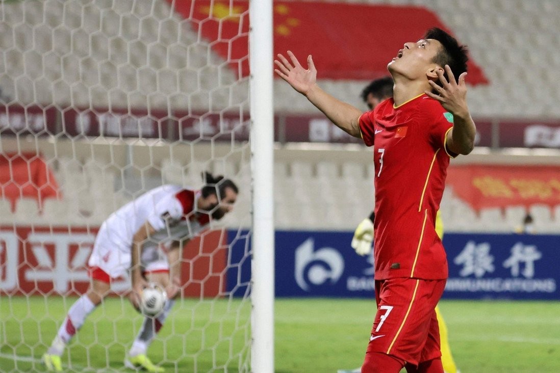 China’s Wu Lei celebrates after scoring during the 2022 Fifa World Cup qualification group A match against Syria. Photo: AFP