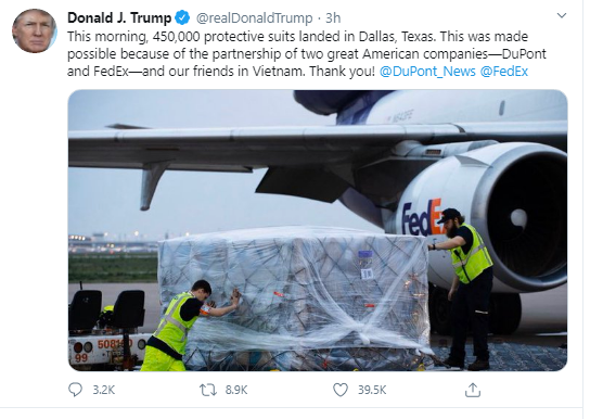us president donald trump tweets thanks for vietnams protective suits