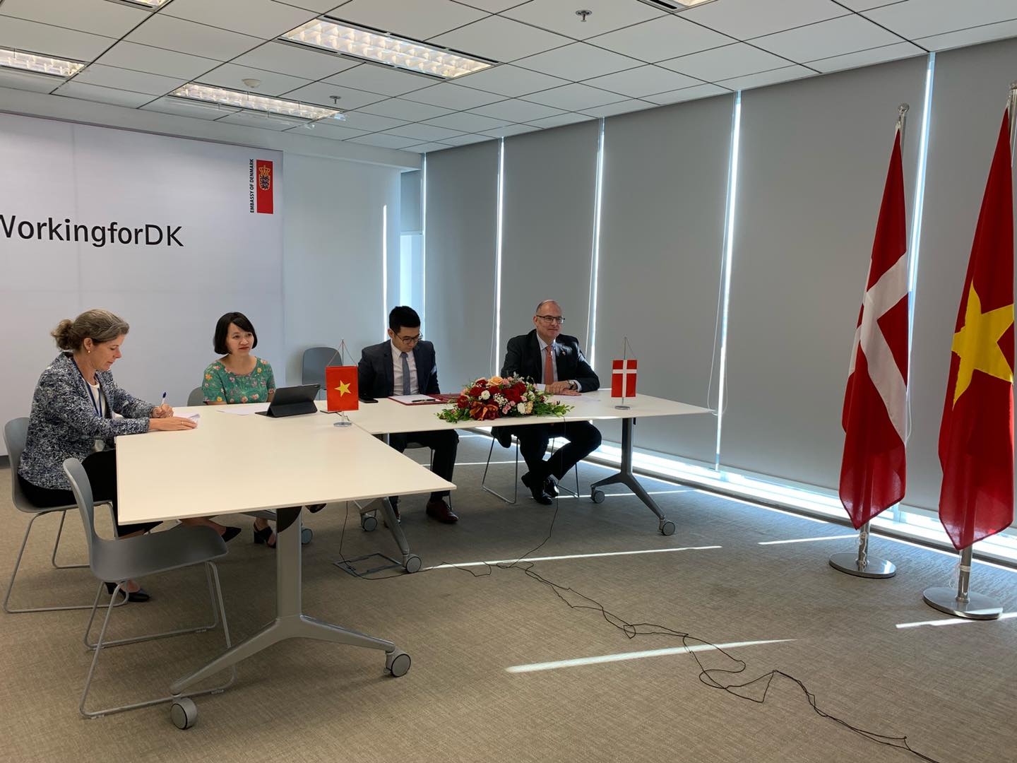 The Danish Ambassador to Vietnam, Kim Højlund Christensen, hosted a virtual contract signing ceremony for the La Gan offshore wind project. Source: Embassy of Denmark in Vietnam