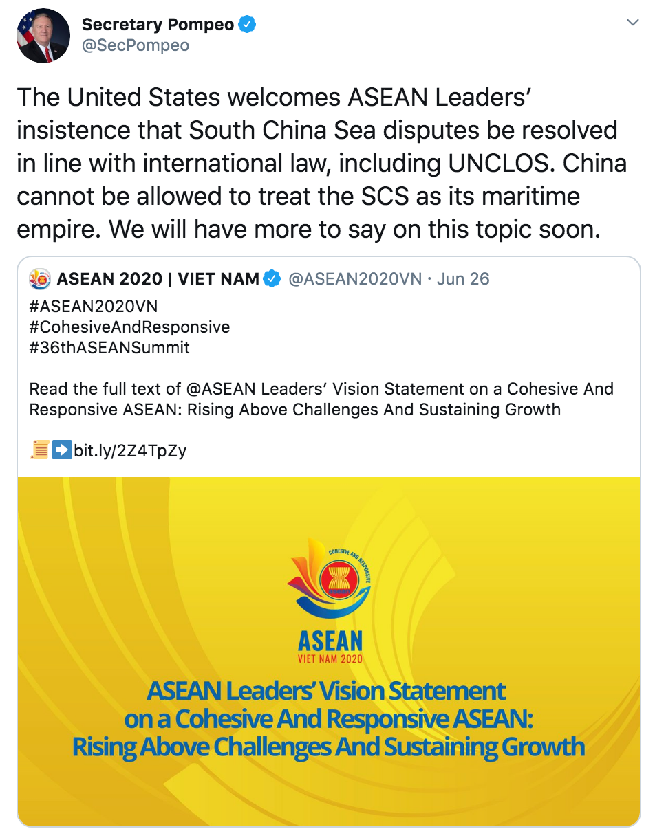 pompeo china cannot be allowed to treat the south china sea as its maritime empire