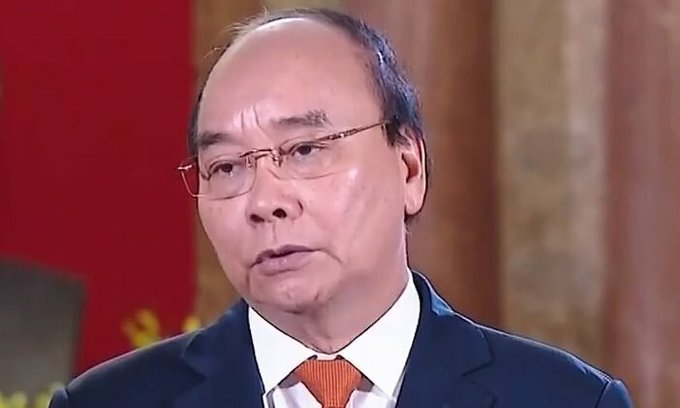 President Nguyen Xuan Phuc is seen in a video sent to the Boao Forum for Asia on April 20, 2021. Photo by Vietnam Television.