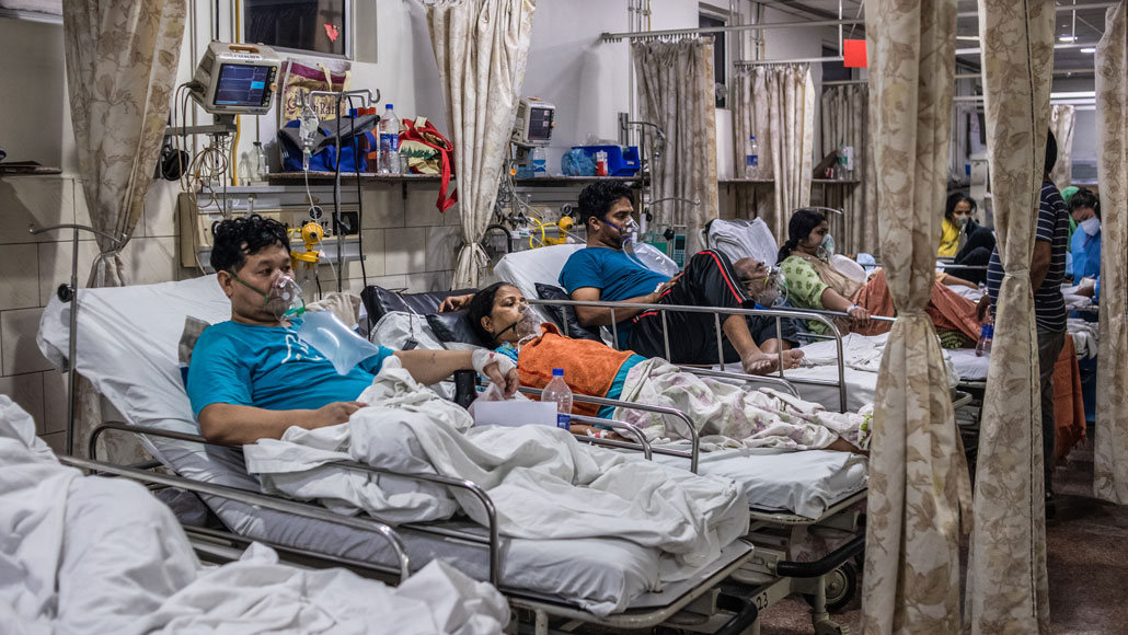 In the emergency ward of a hospital in New Delhi on May 3, patients relied on oxygen as they battled COVID-19. India’s health care system can’t keep up with the soaring case counts as the second wave of the coronavirus pandemic rages through the country.  REBECCA CONWAY/GETTY IMAGES