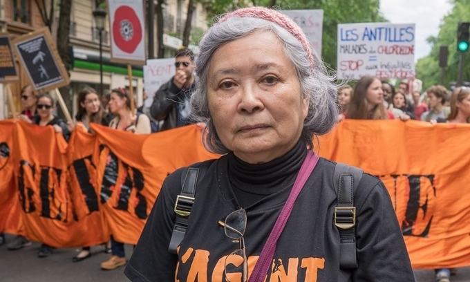 Tran To Nga during a rally to call for justice for Agent Orange victims in Paris, 2019. Photo by Collectif Vietnam Dioxine.
