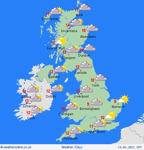 UK and europe daily weather forecast latest, march 19: fairly cloudy, less warm with morning rain over central northern england