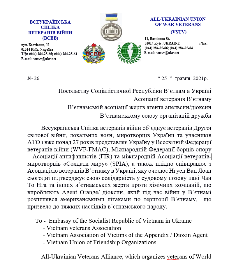 All Ukrainian Union of War Veterans declares support for Vietnamese Agent Orange victims